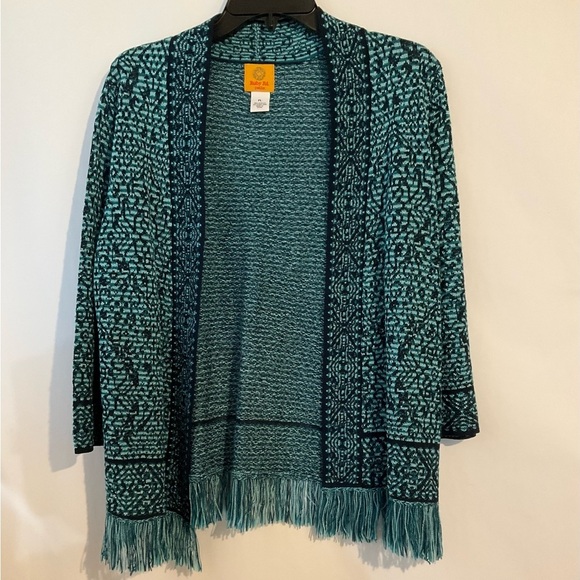 Ruby Rd. petite Sweater PL Cardigan  Teal Navy Patterned Open Front Fringe Hem - Picture 1 of 7